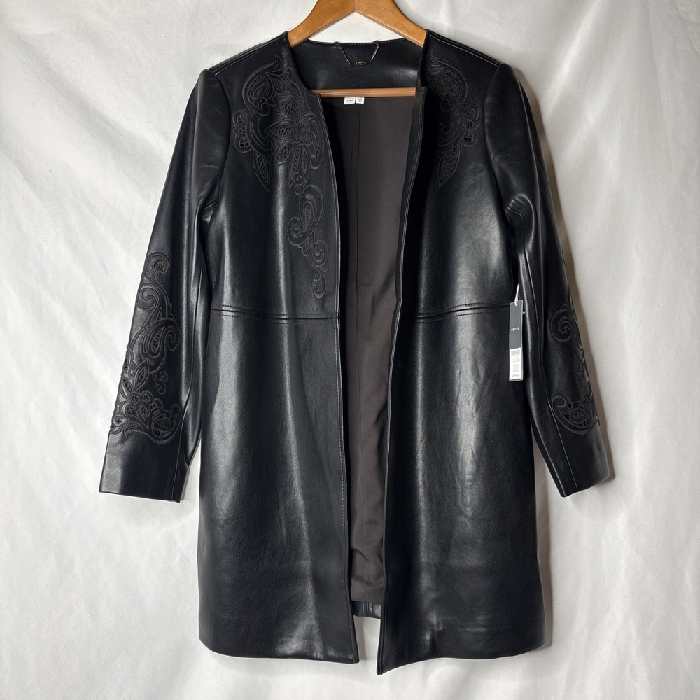 Chicos Artisanal Black Topper Faux Leather Jacket 0.5P Embroidered Cutout NWT